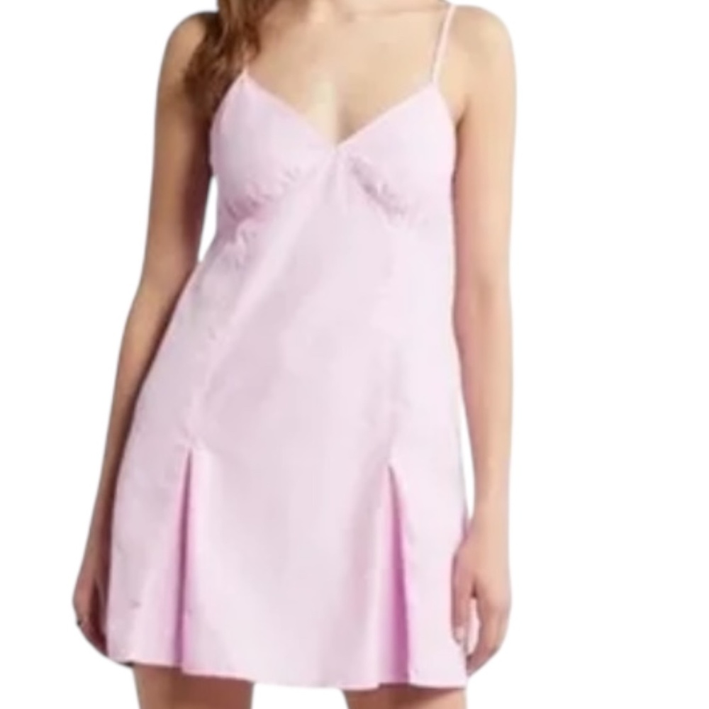 Open Edit Taffeta Pleated Sleeveless Mini Dress Pink Pirouette A-Line V-Neck